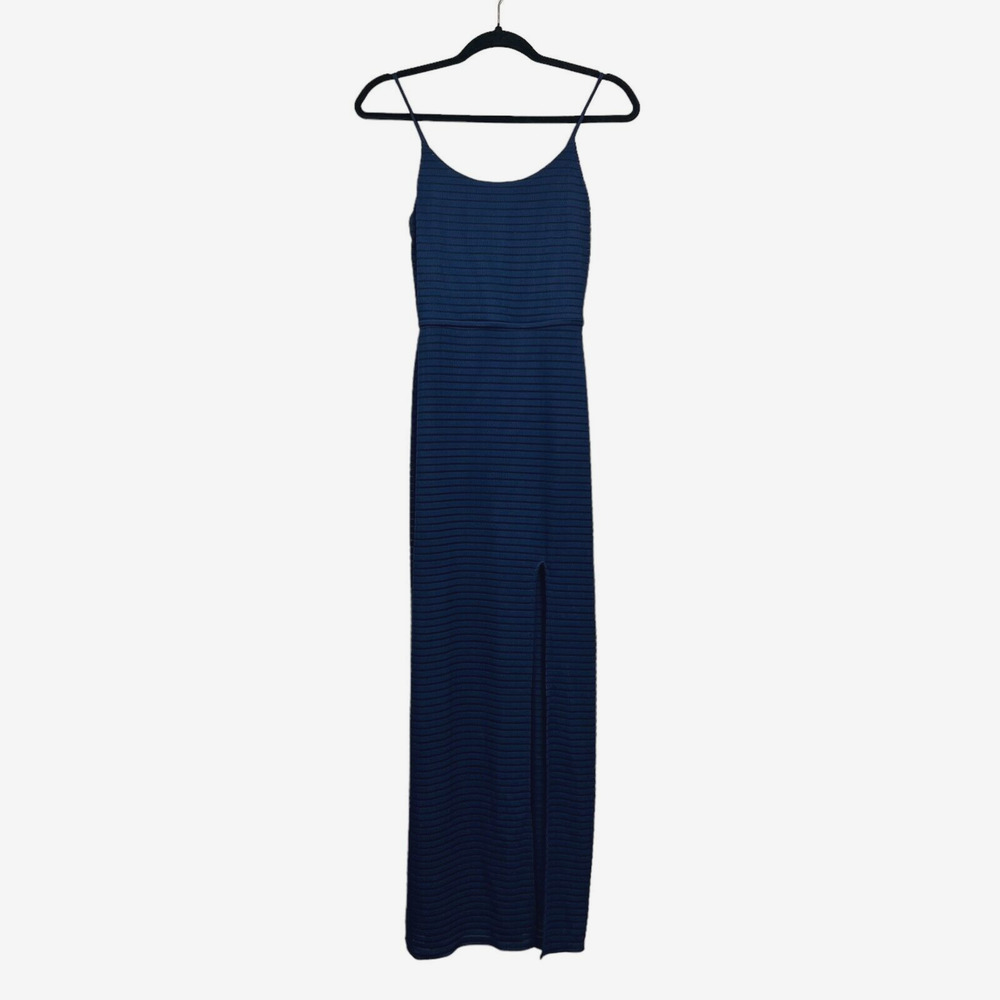 Necessary Objects Womens Maxi Dress Spaghetti Straps Half Lined Slit Navy Sz M*
